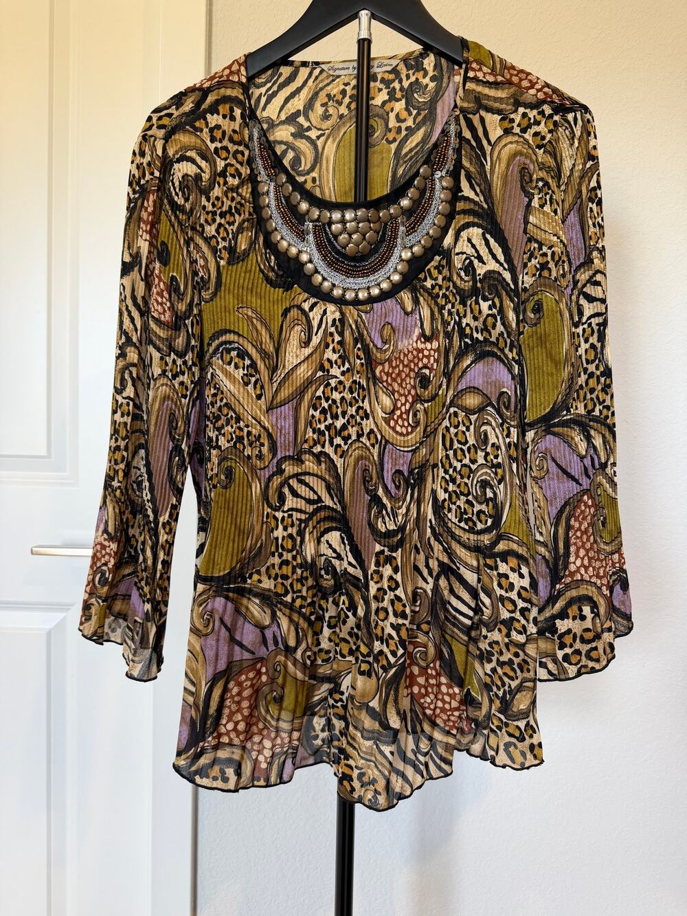 Signature by Larry Levine Animal Print Beaded Bell Sleeve Tunic Top Large Y2K
